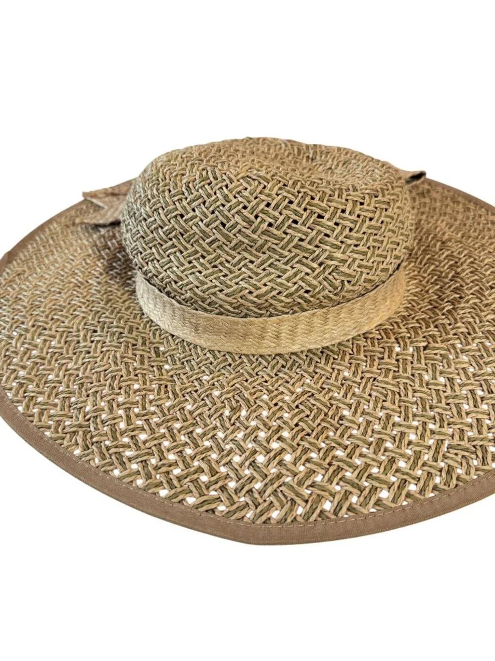 Vintage Women Wide Brim Paper Straw Sun Hat Bow Beige Summer Beach 57cm - Picture 8 of 10